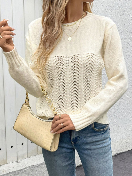 Perfee Openwork Round Neck Long Sleeve Sweater