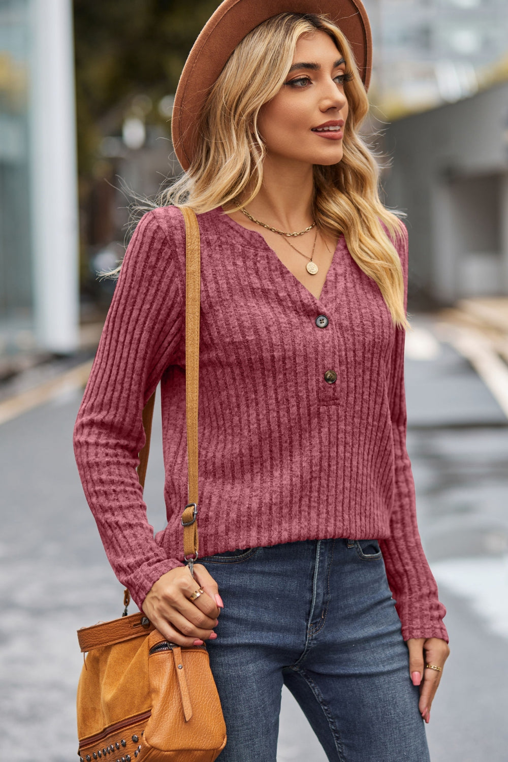 Lovelet Ribbed Half Button Long Sleeve Knit Top