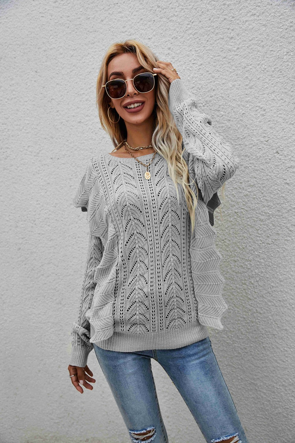 Angel Wings Openwork Round Neck Ruffled Sweater