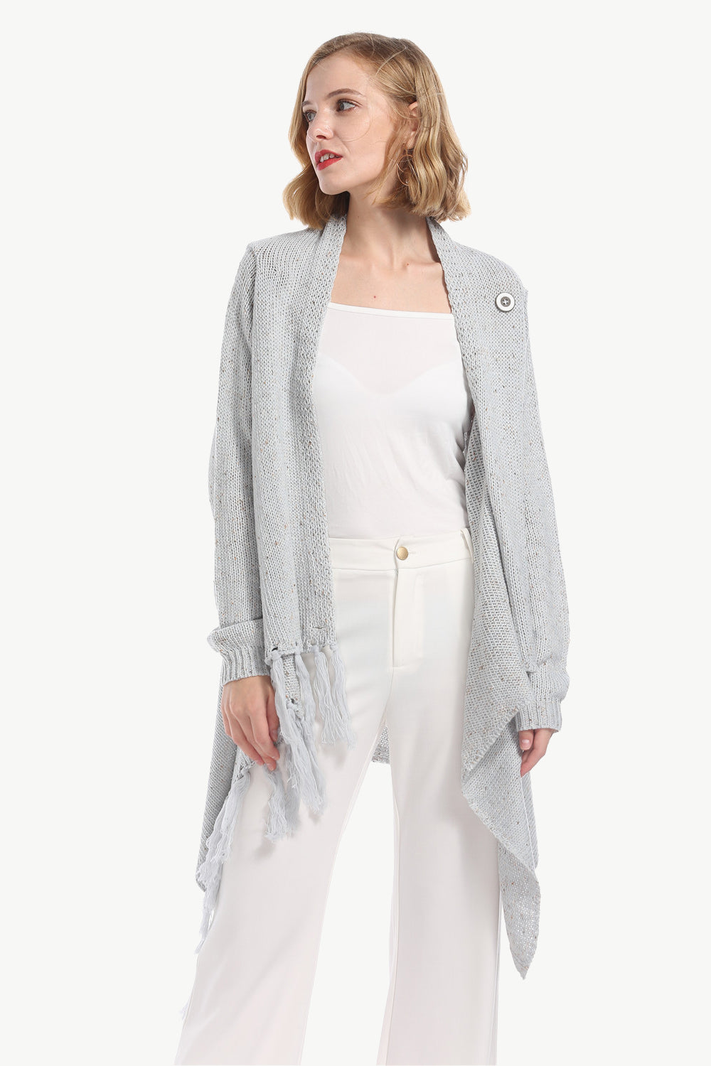 Angel Wings One-Button Tassel Tie Asymmetrical Hem Cardigan