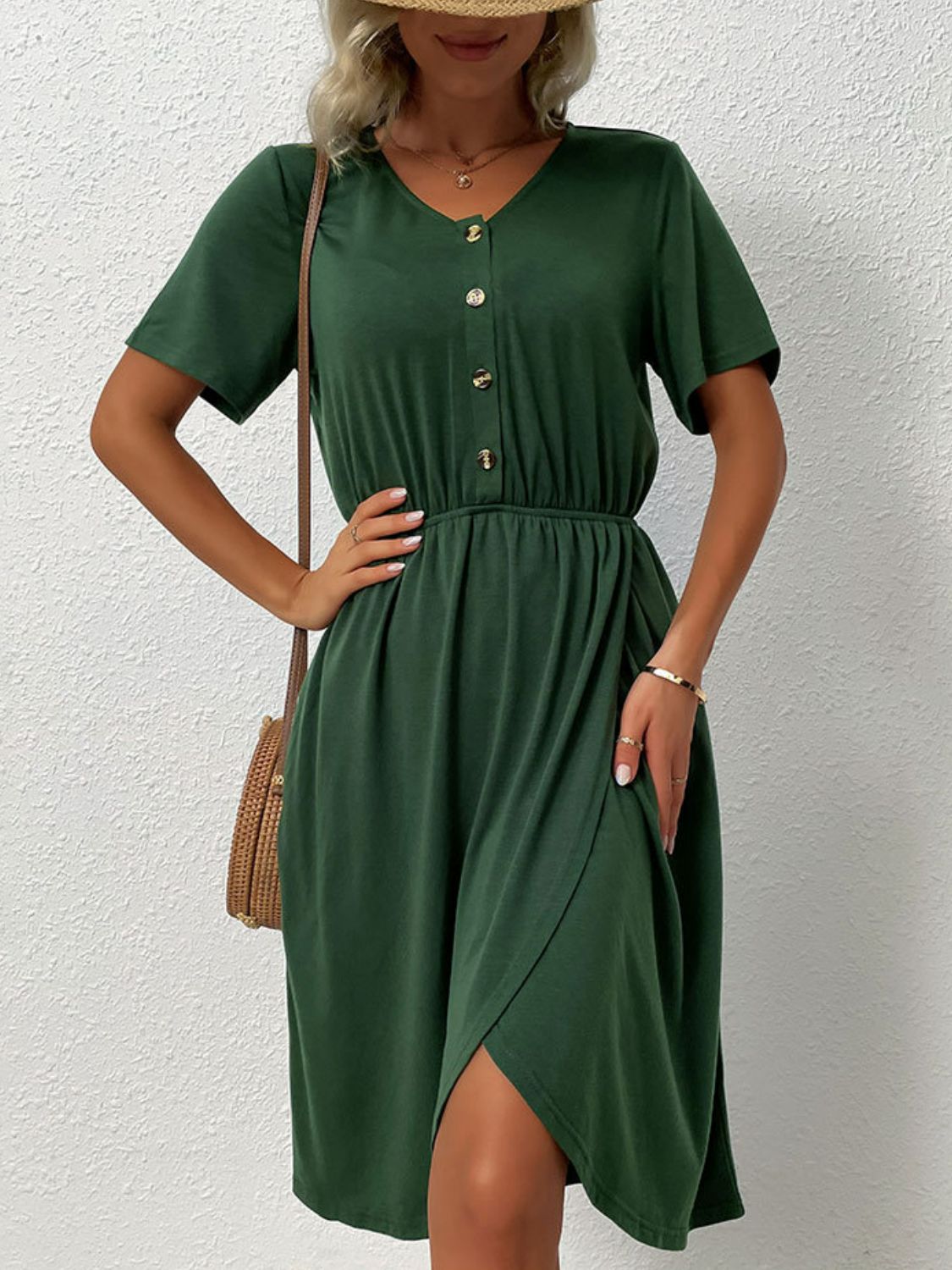 Perfee V-Neck Short Sleeve Split Dress