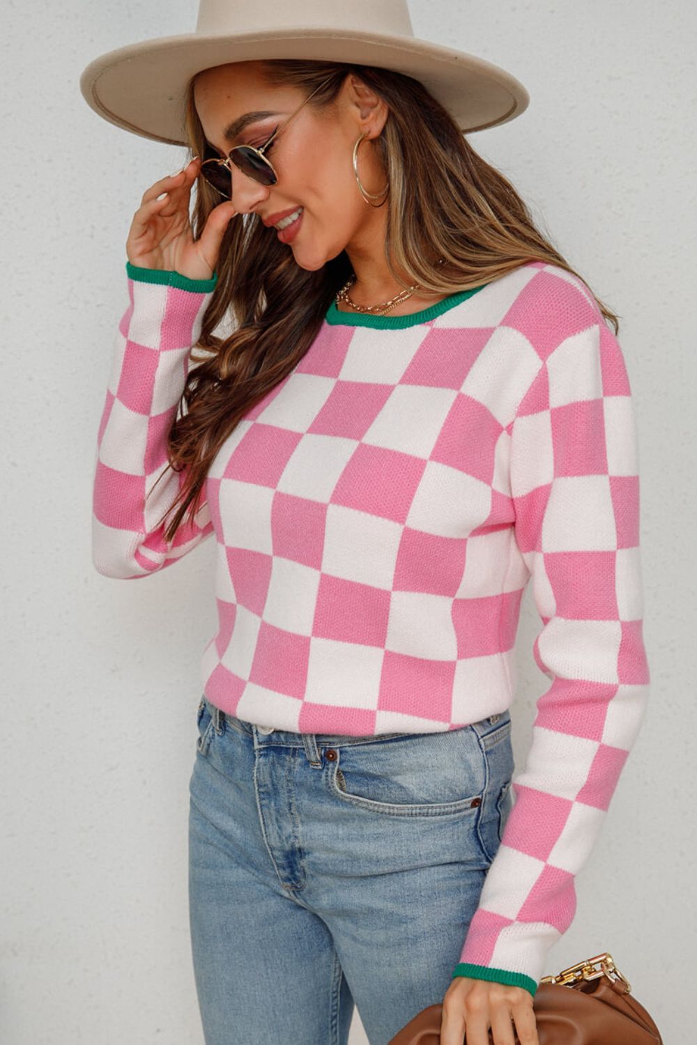 Angel Wings Checkered Round Neck Sweater