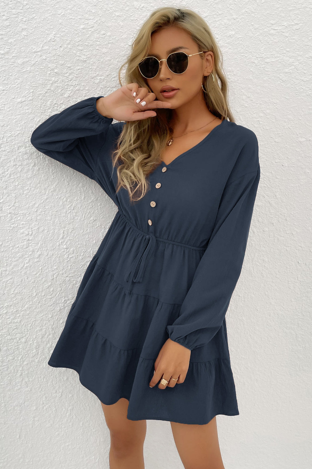 Perfee Decorative Button Tie Front Tiered Mini Dress