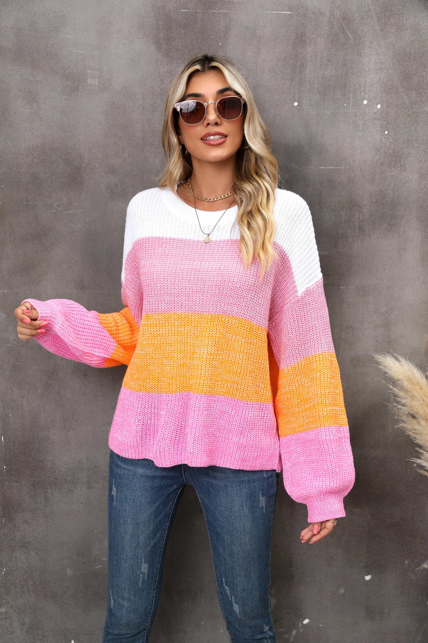 Angel Wings Color Block Round Neck Dropped Shoulder Sweater