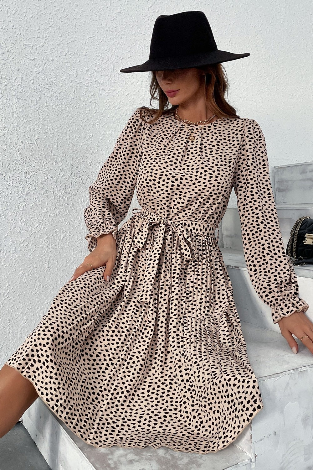 Perfee Printed Round Neck Belted Pleated Dress