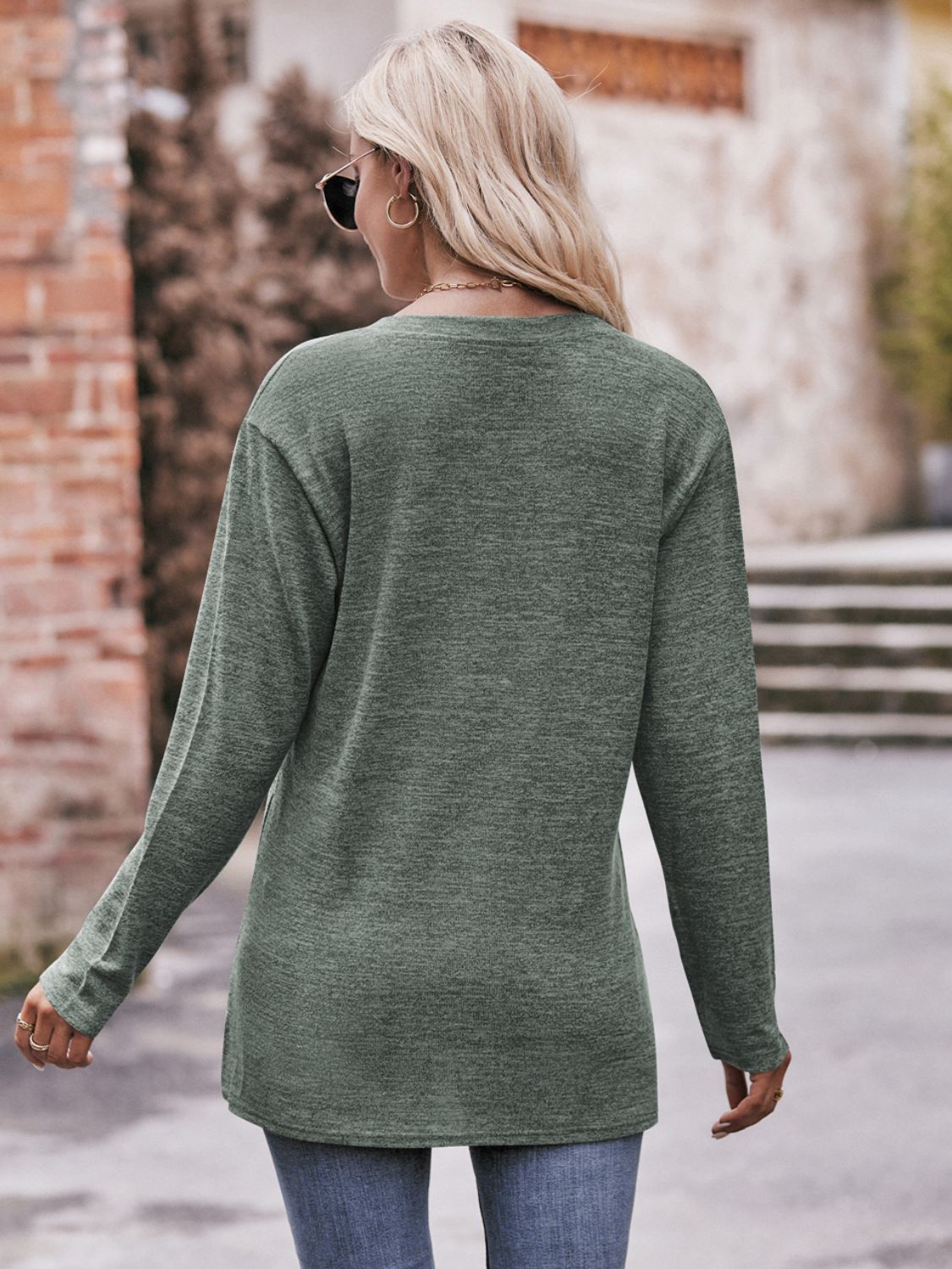 Mandy Buttoned Notched Neck Long Sleeve Top