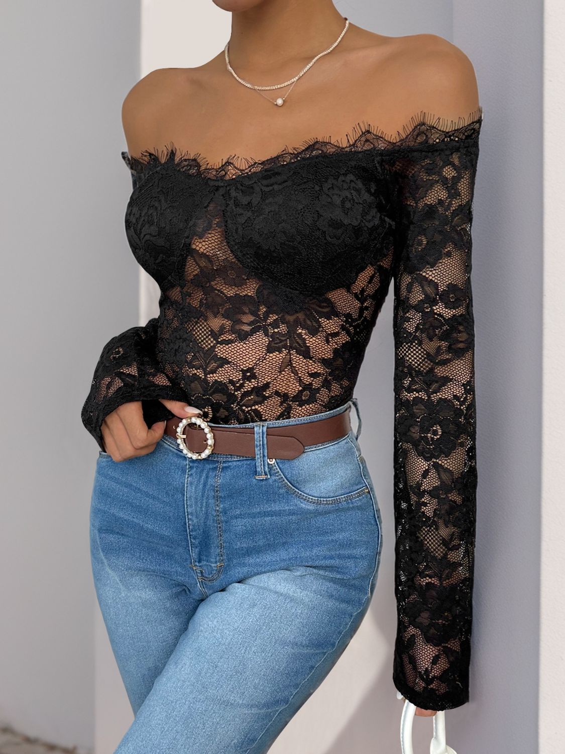 Perfee Lace Off-Shoulder Long Sleeve Bodysuit