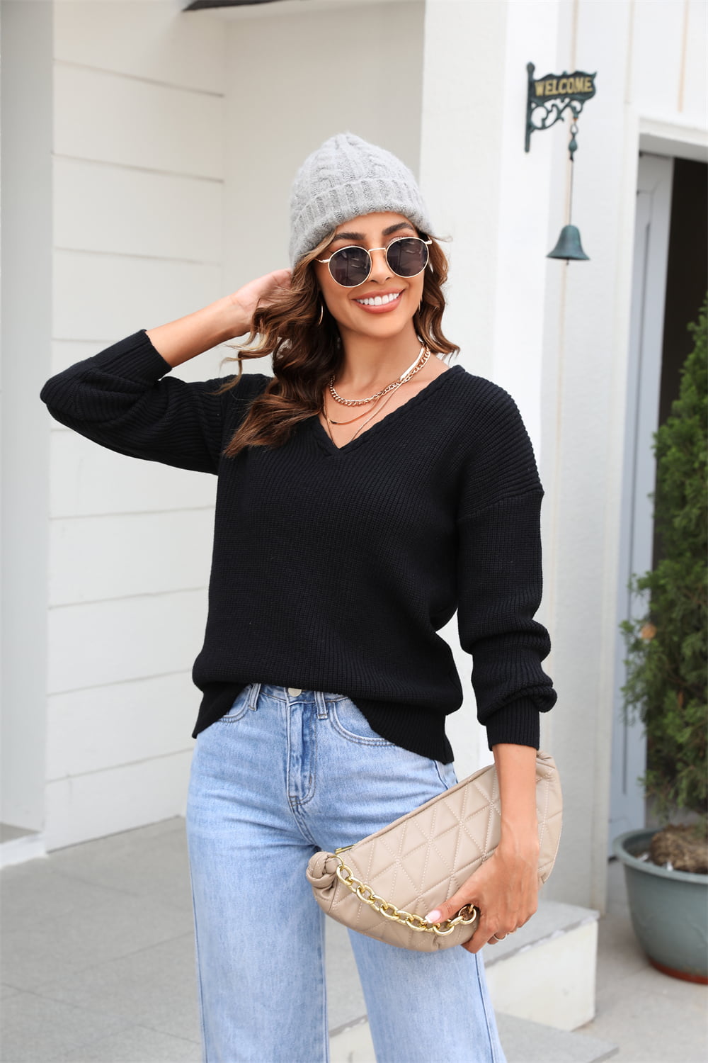 Angel Wings Ribbed V-Neck Dropped Shoulder Knit Top