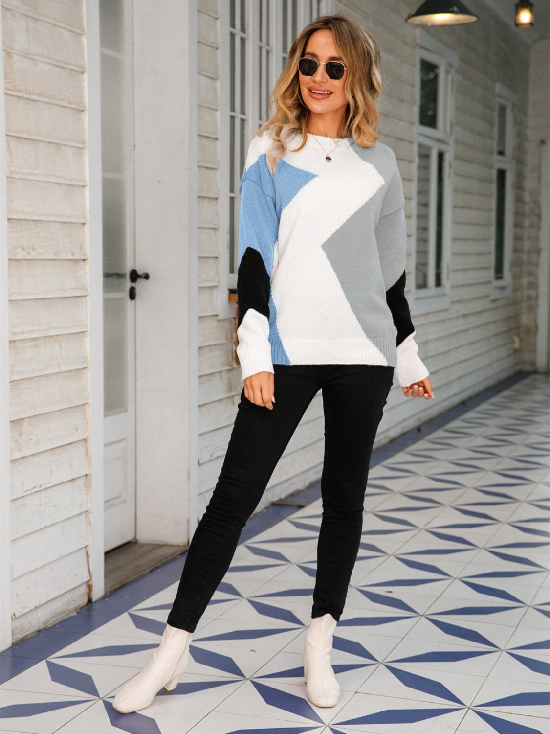 Angel Wings Color Block Round Neck Dropped Shoulder Sweater