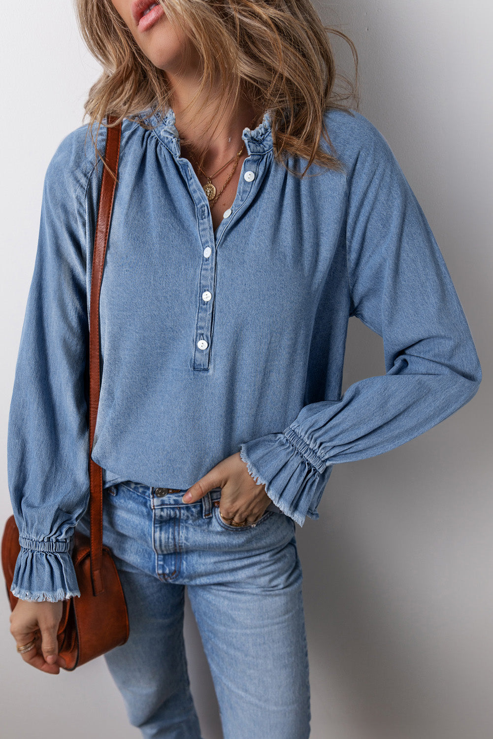 Half Button Long Sleeve Denim Top