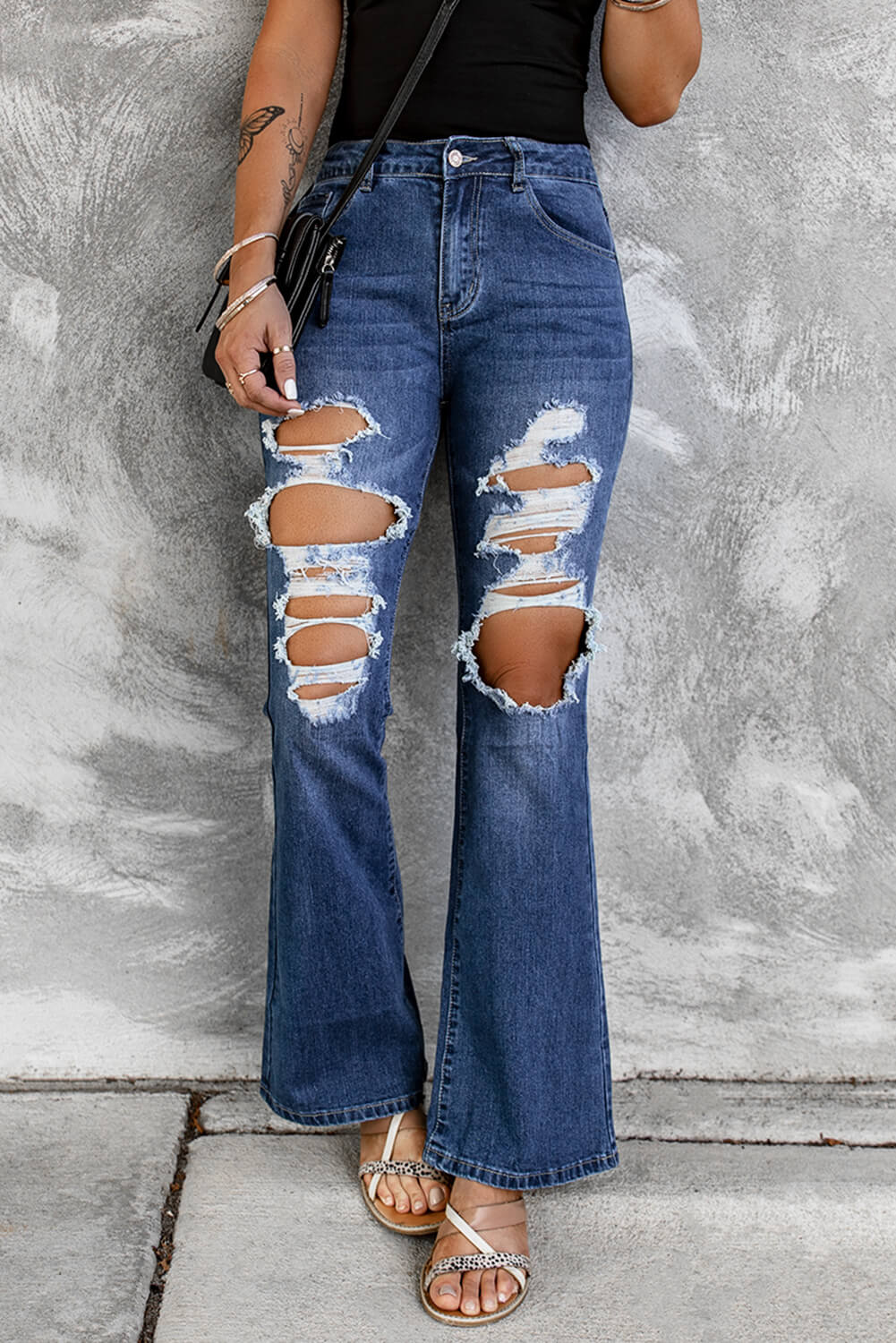 Baeful Distressed High Waist Flare Jeans