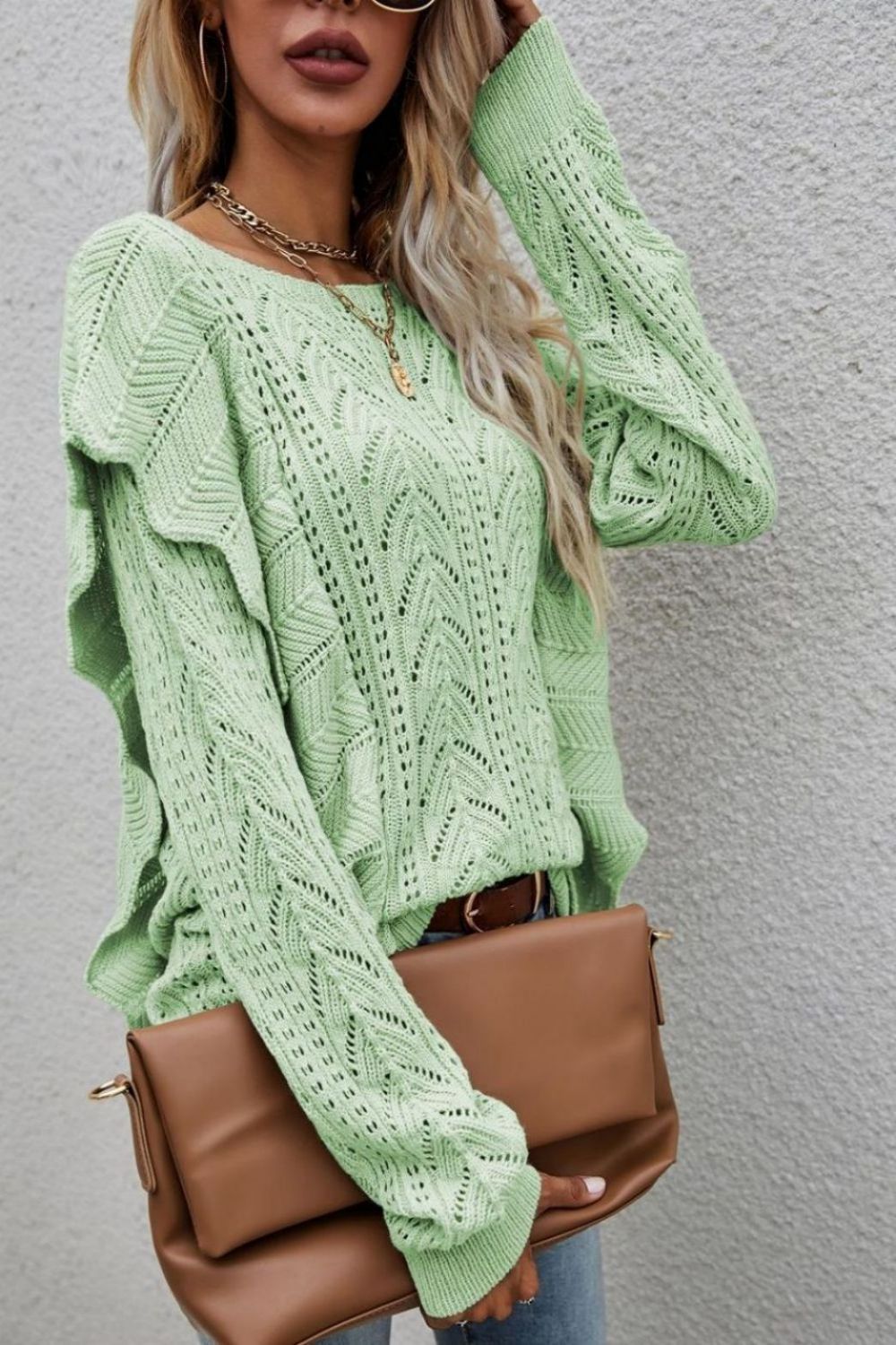 Angel Wings Openwork Round Neck Ruffled Sweater