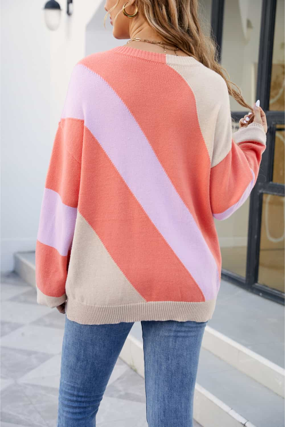 Angel Wings Color Block Ribbed Round Neck Sweater