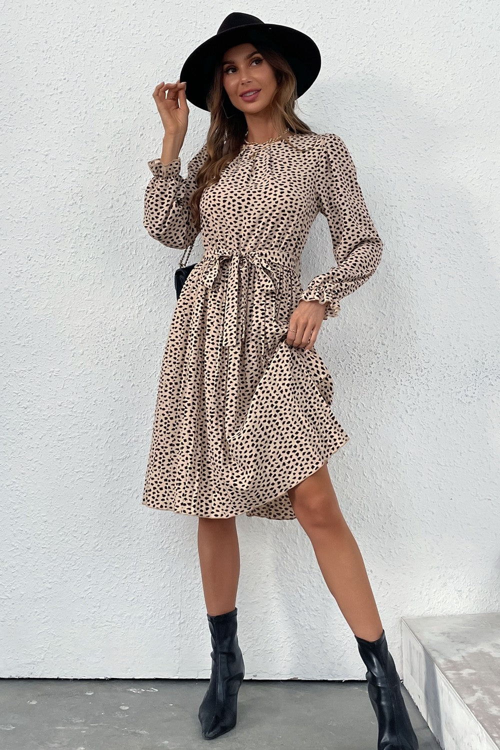 Perfee Printed Round Neck Belted Pleated Dress