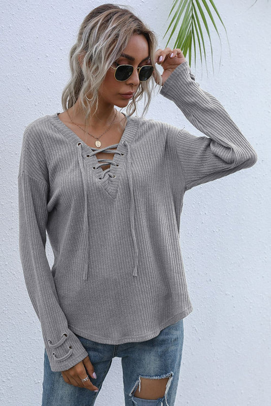 Perfee Lace-Up V-Neck Ribbed Top