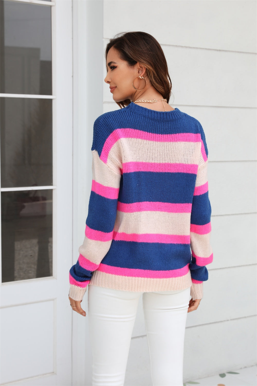 Angel Wings Color Block Round Neck Dropped Shoulder Sweater