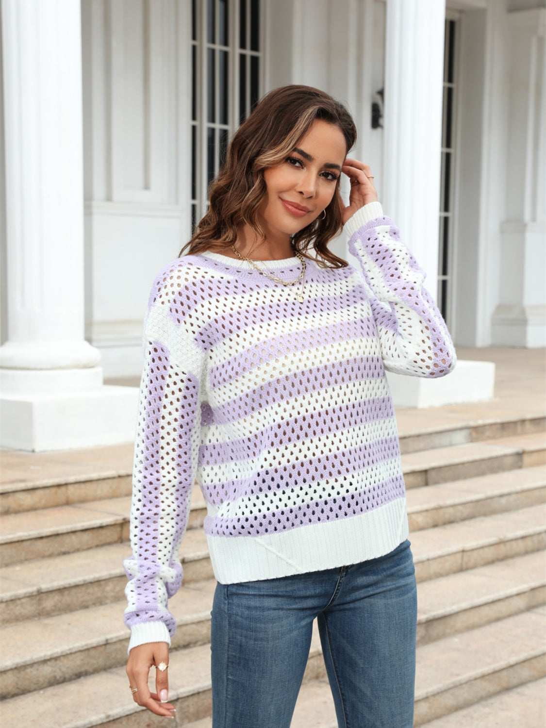 Angel Wings Striped Openwork Round Neck Sweater