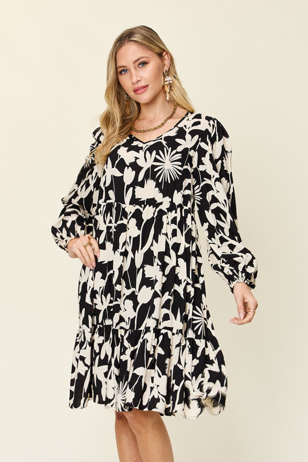 Double Take Full Size Printed Ruffle Hem Dress with Pocket