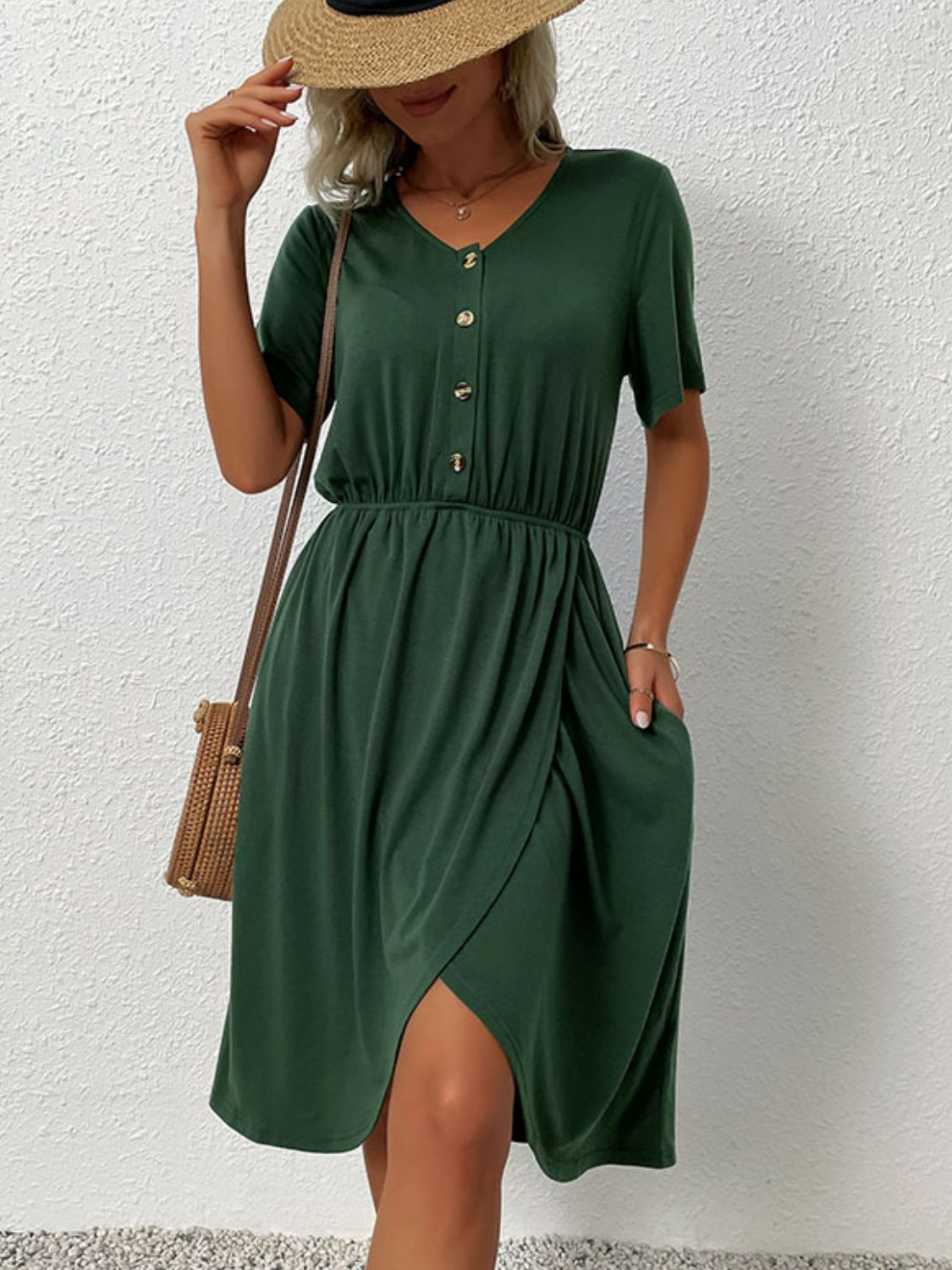 Perfee V-Neck Short Sleeve Split Dress