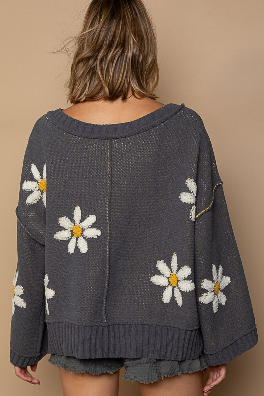 POL V-Neck Floral Pattern Chenille Sweater