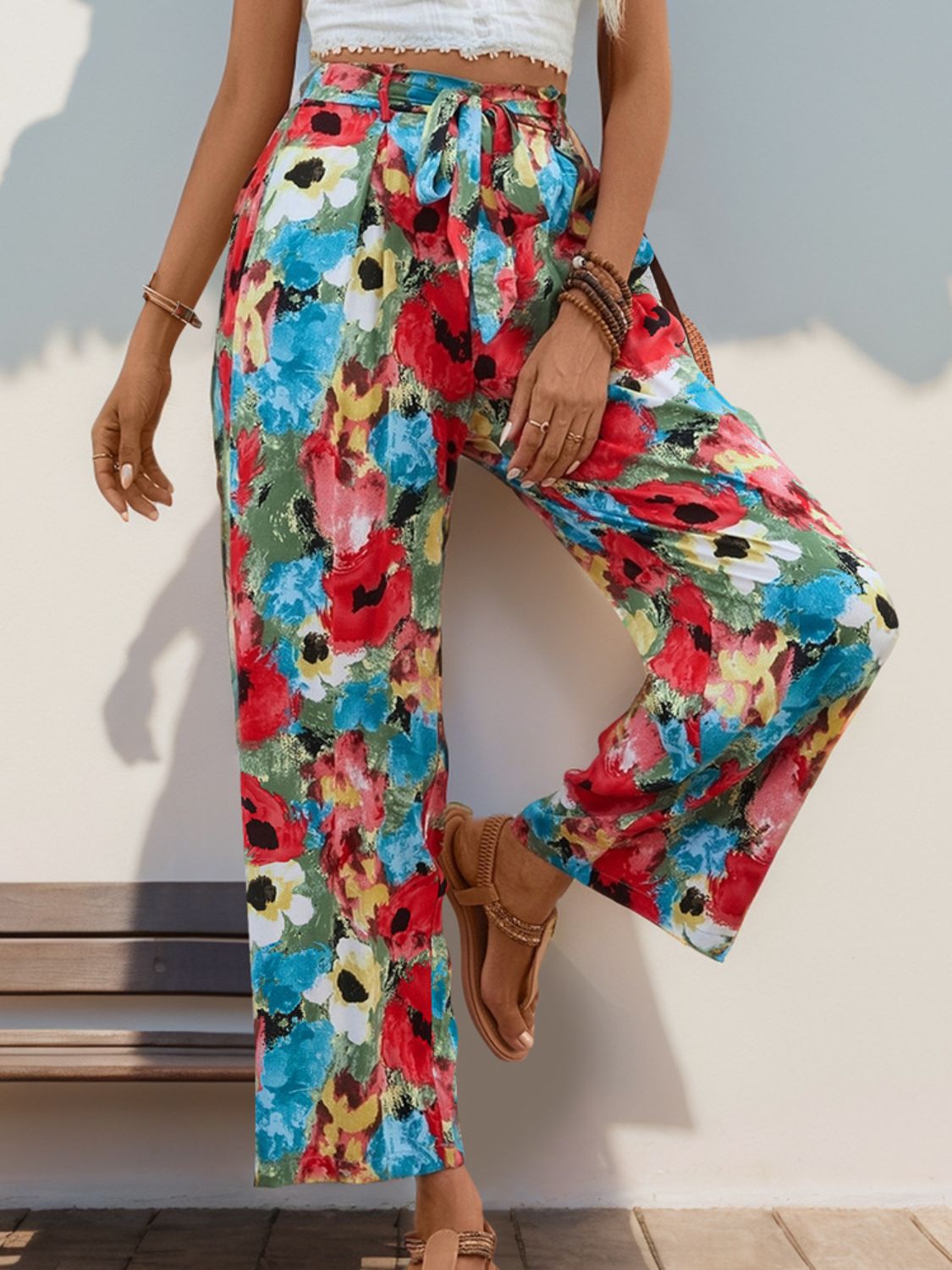 Perfee Tied Printed Wide Leg Pants