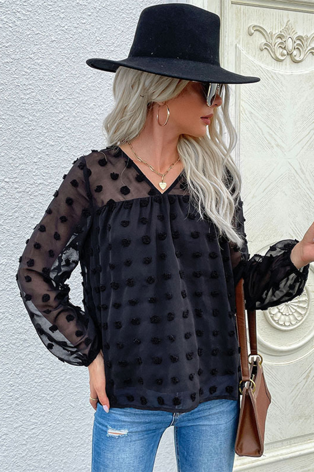 Perfee Swiss Dot V-Neck Blouse