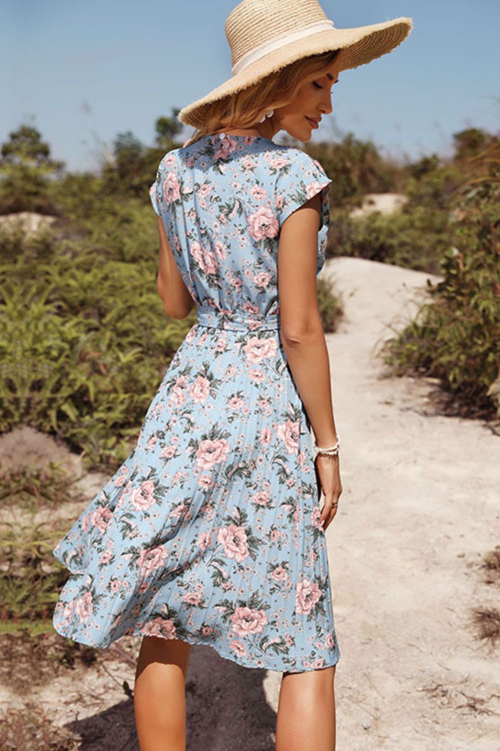 Perfee Floral Tie-Waist Pleated Dress