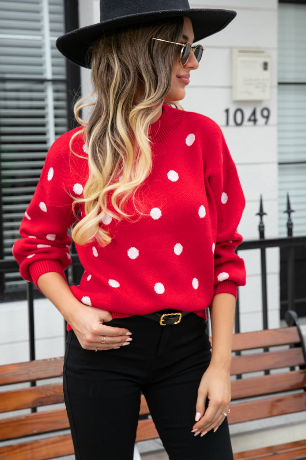 Angel Wings Woven Right Polka Dot Round Neck Dropped Shoulder Sweater