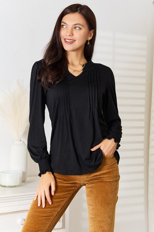 Mandy Ruched Notched Neck Puff Sleeve Blouse