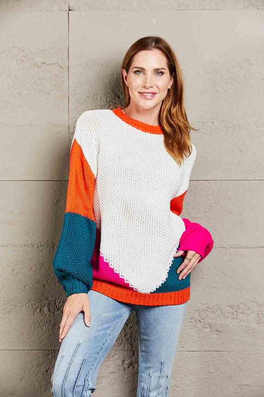 Angel Wings Color Block Round Neck Drop Shoulder Sweater