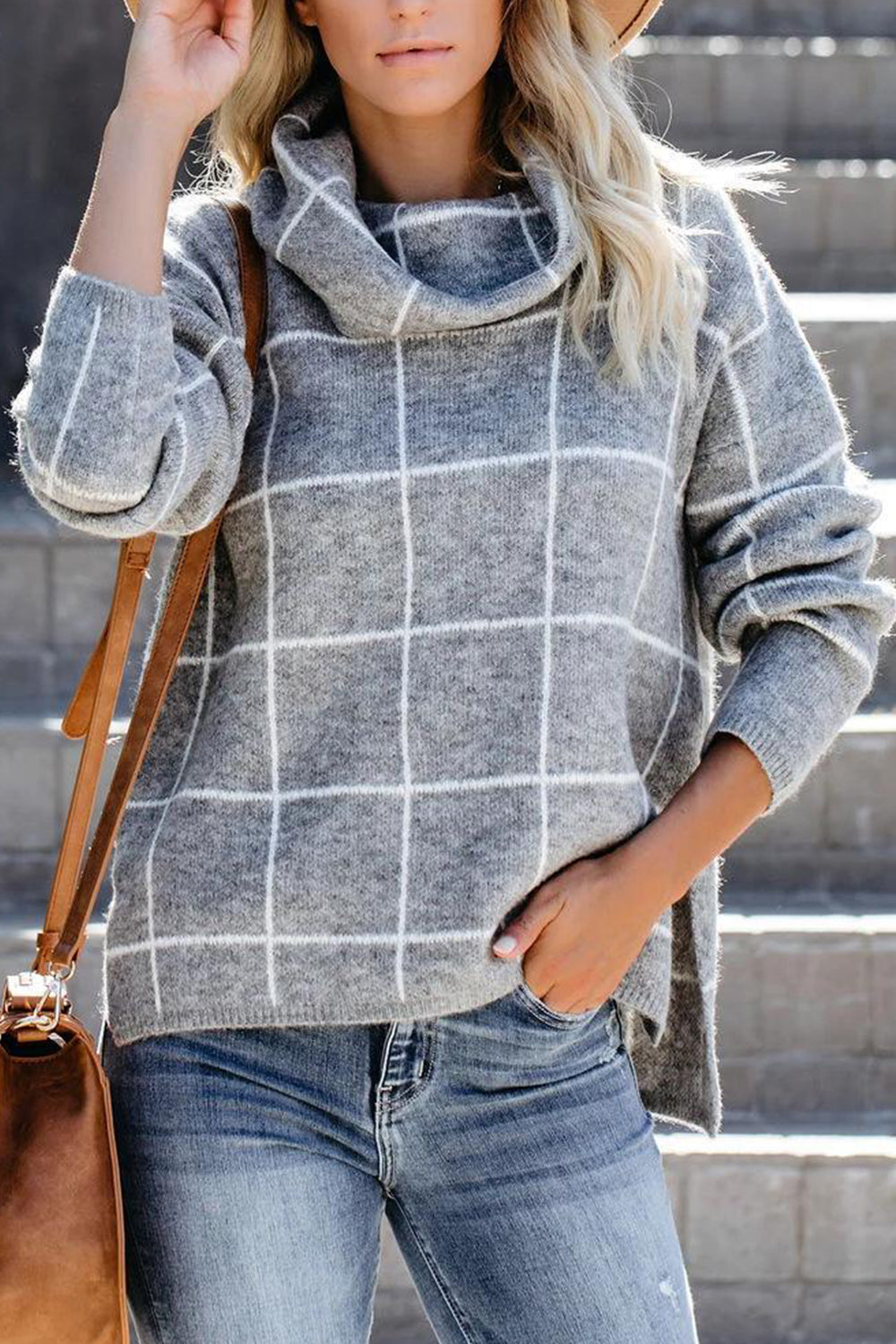 Angel Wings Plaid Turtleneck Drop Shoulder Sweater