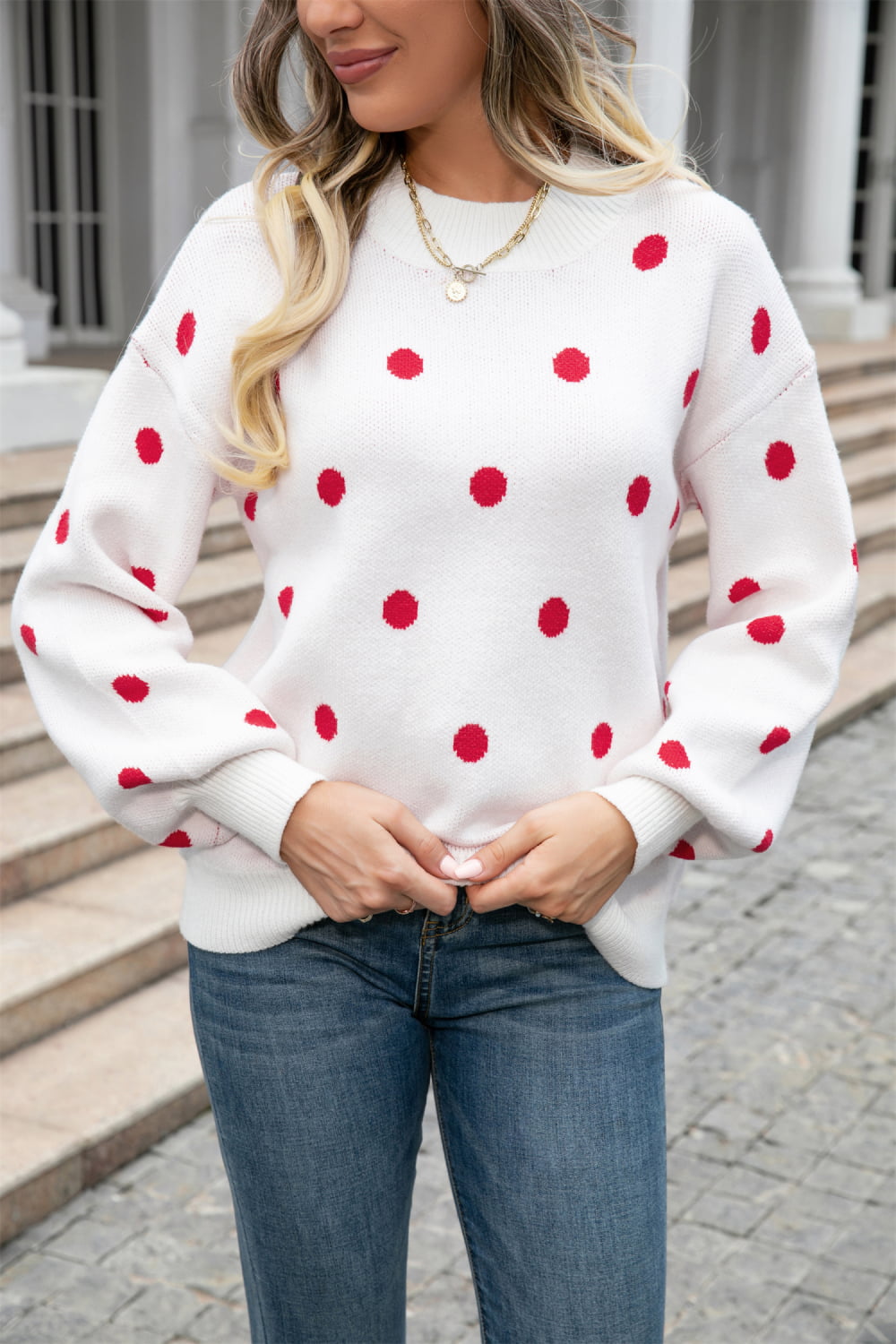 Angel Wings Woven Right Polka Dot Round Neck Dropped Shoulder Sweater