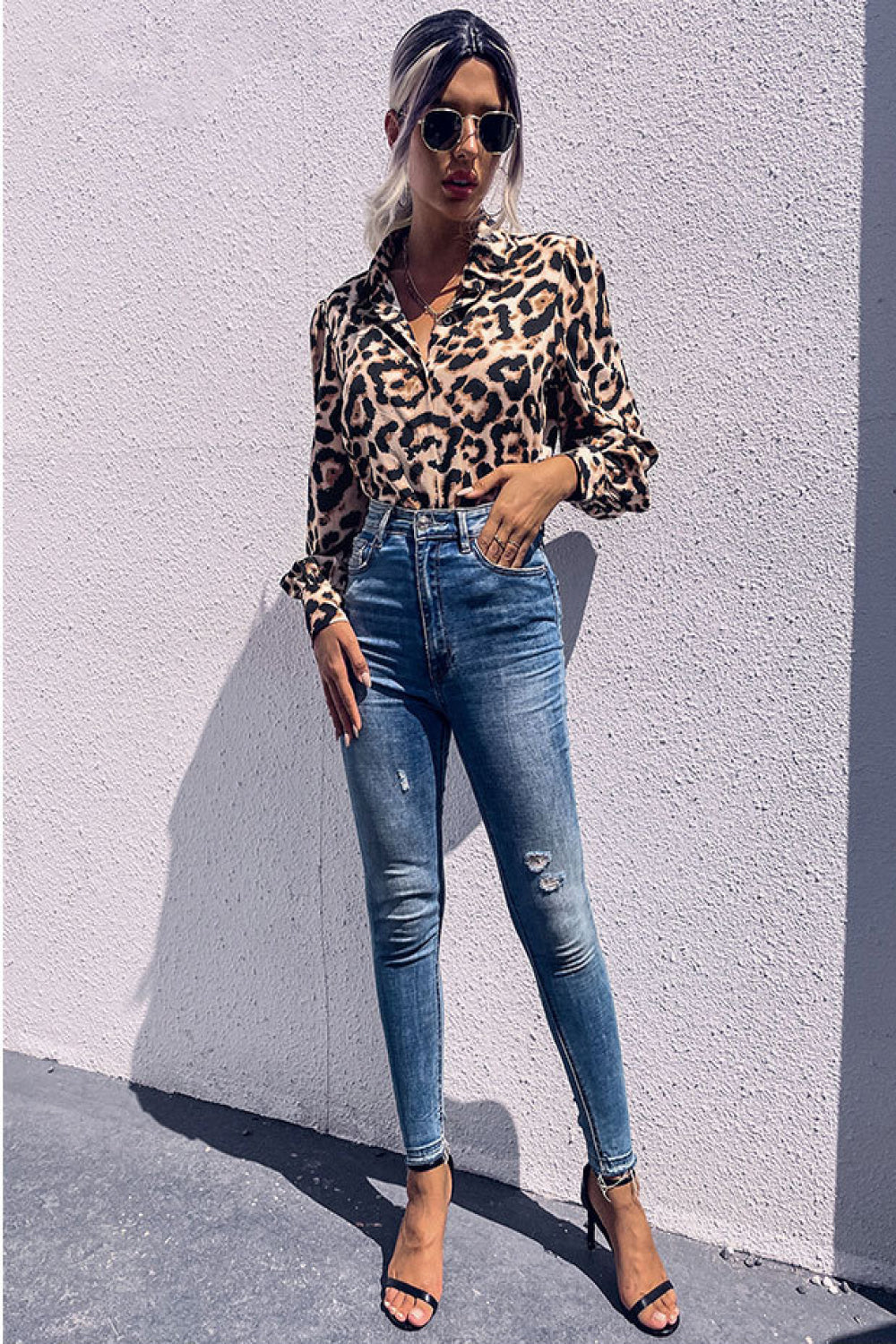 Perfee Leopard Printed Button Down Blouse