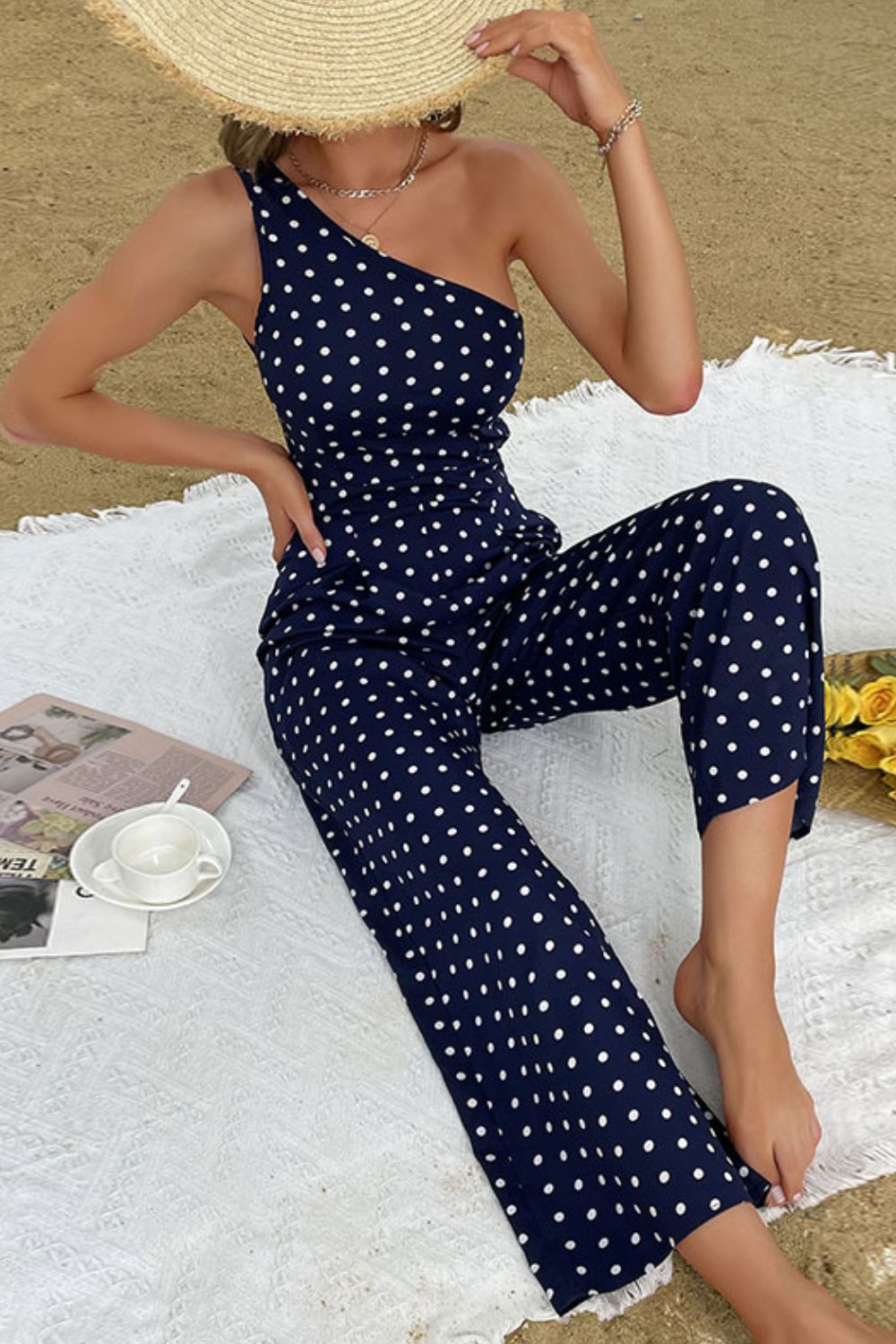 Perfee Polka Dot One-Shoulder Jumpsuit