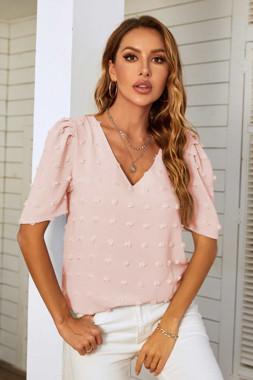 Mandy Swiss Dot V-Neck Puff Sleeve Blouse