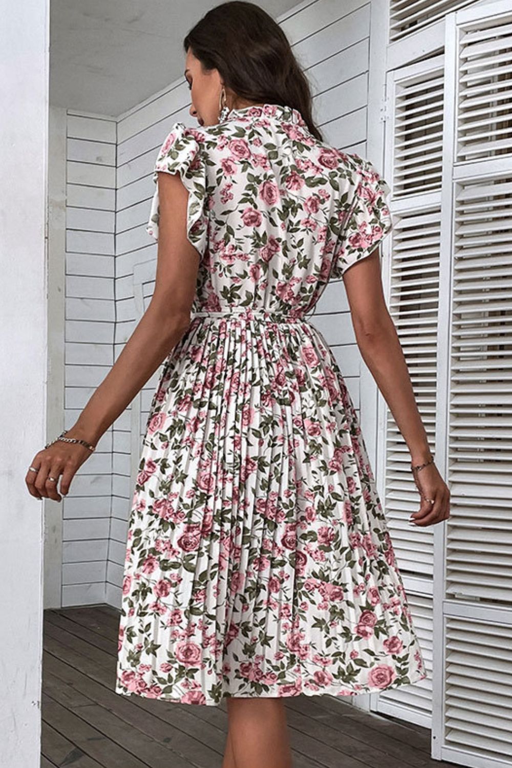 Perfee Floral Tie-Neck Flutter Sleeve Midi Dress