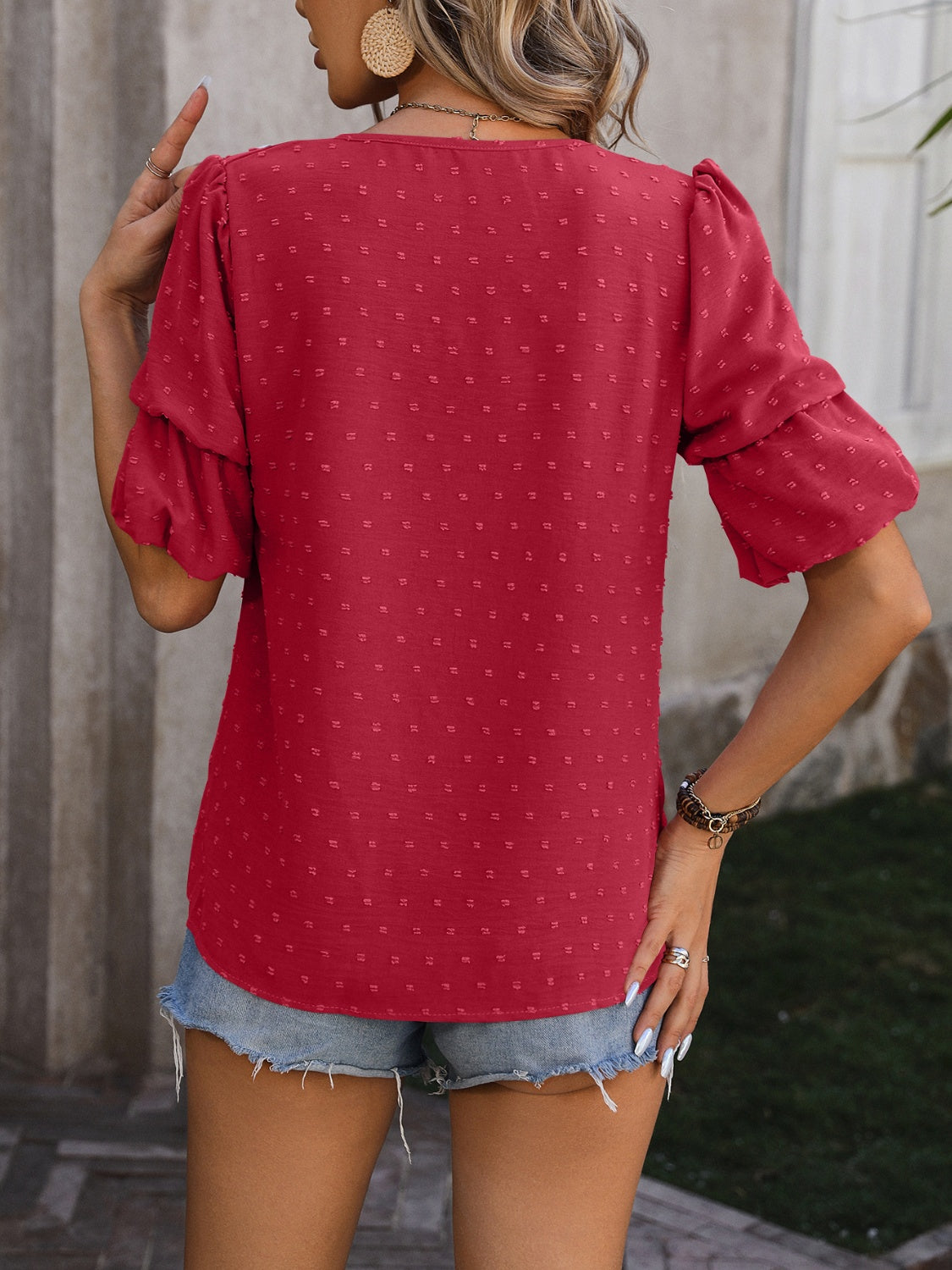 Mandy Swiss Dot V-Neck Short Sleeve Blouse