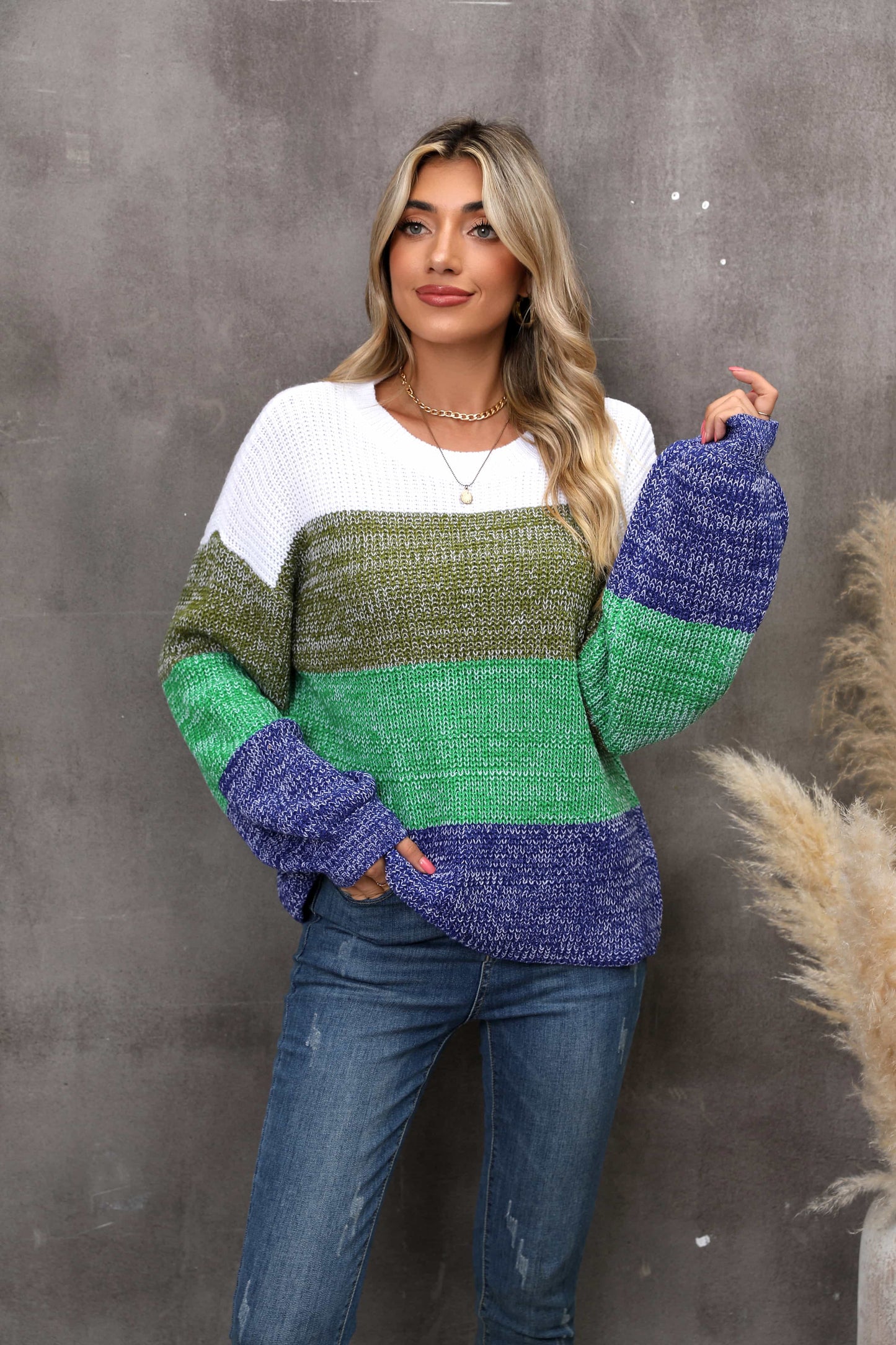 Angel Wings Color Block Round Neck Dropped Shoulder Sweater