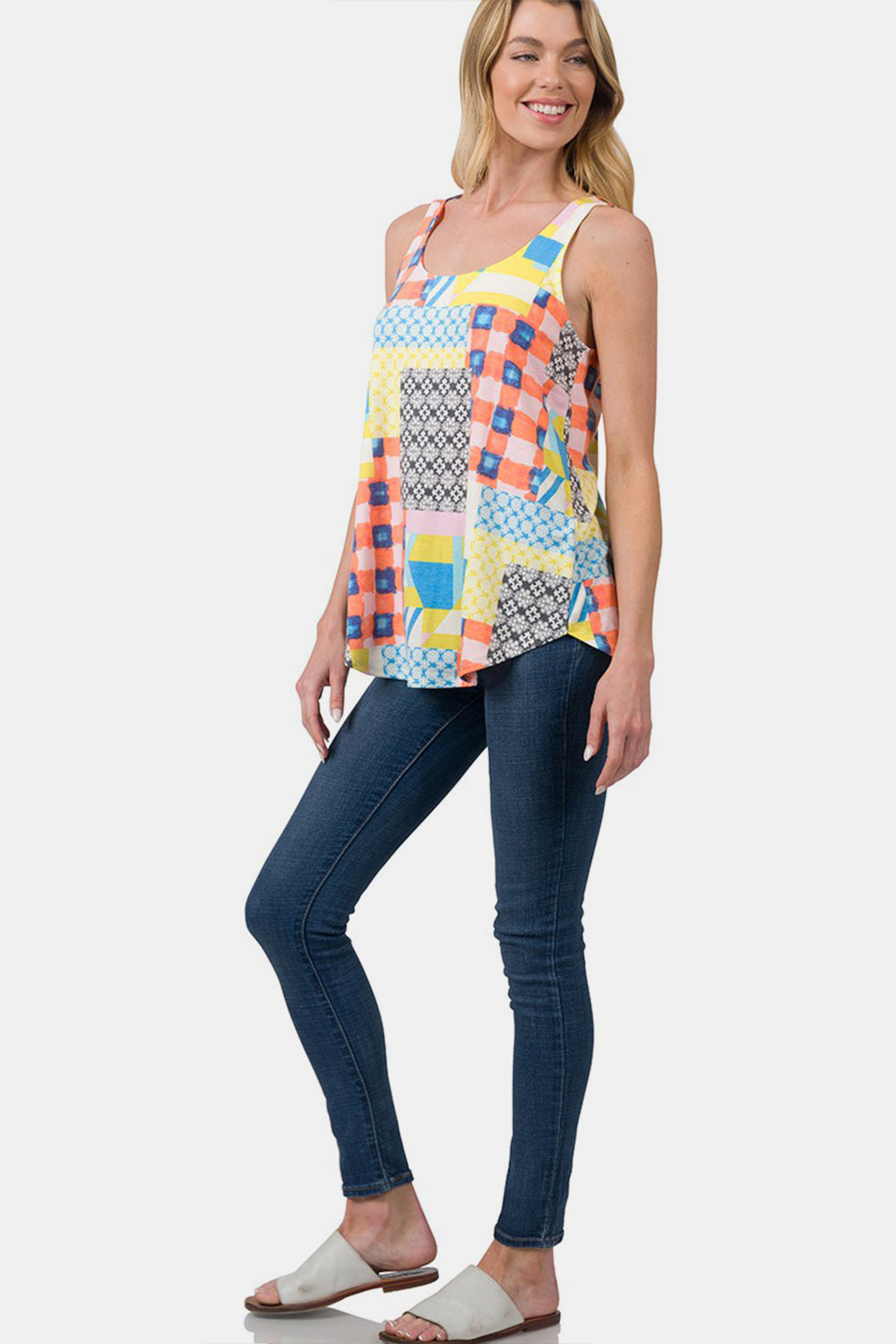 Zenana Printed Round Neck Curved Hem Tank