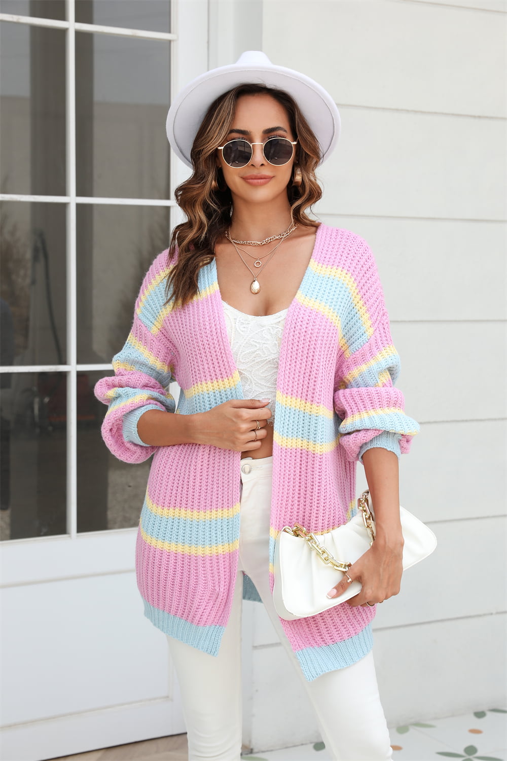 Angel Wings Color Block Ribbed Dropped Shoulder Open Front Cardigan