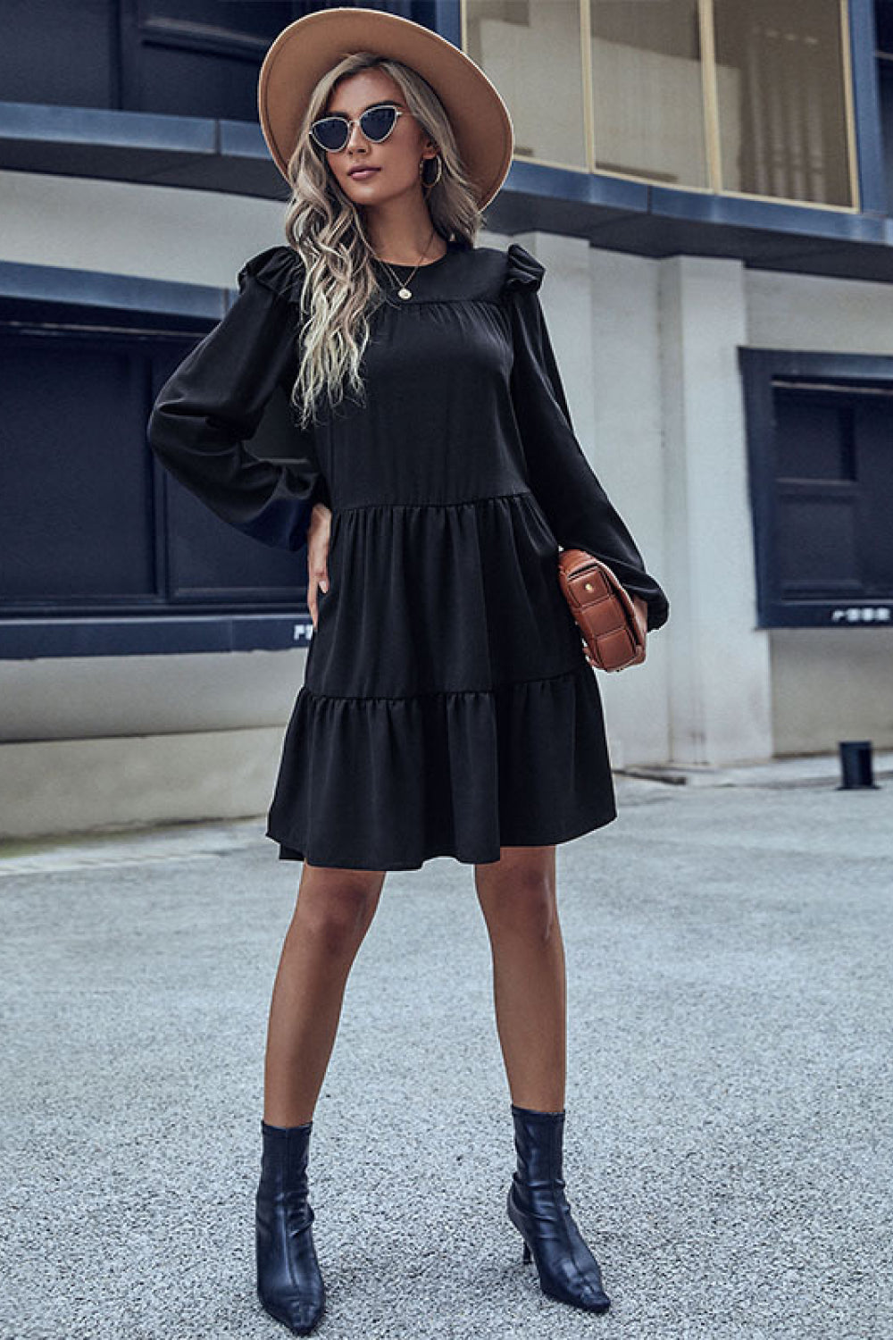 Perfee Ruffled Shoulder Tiered Dress