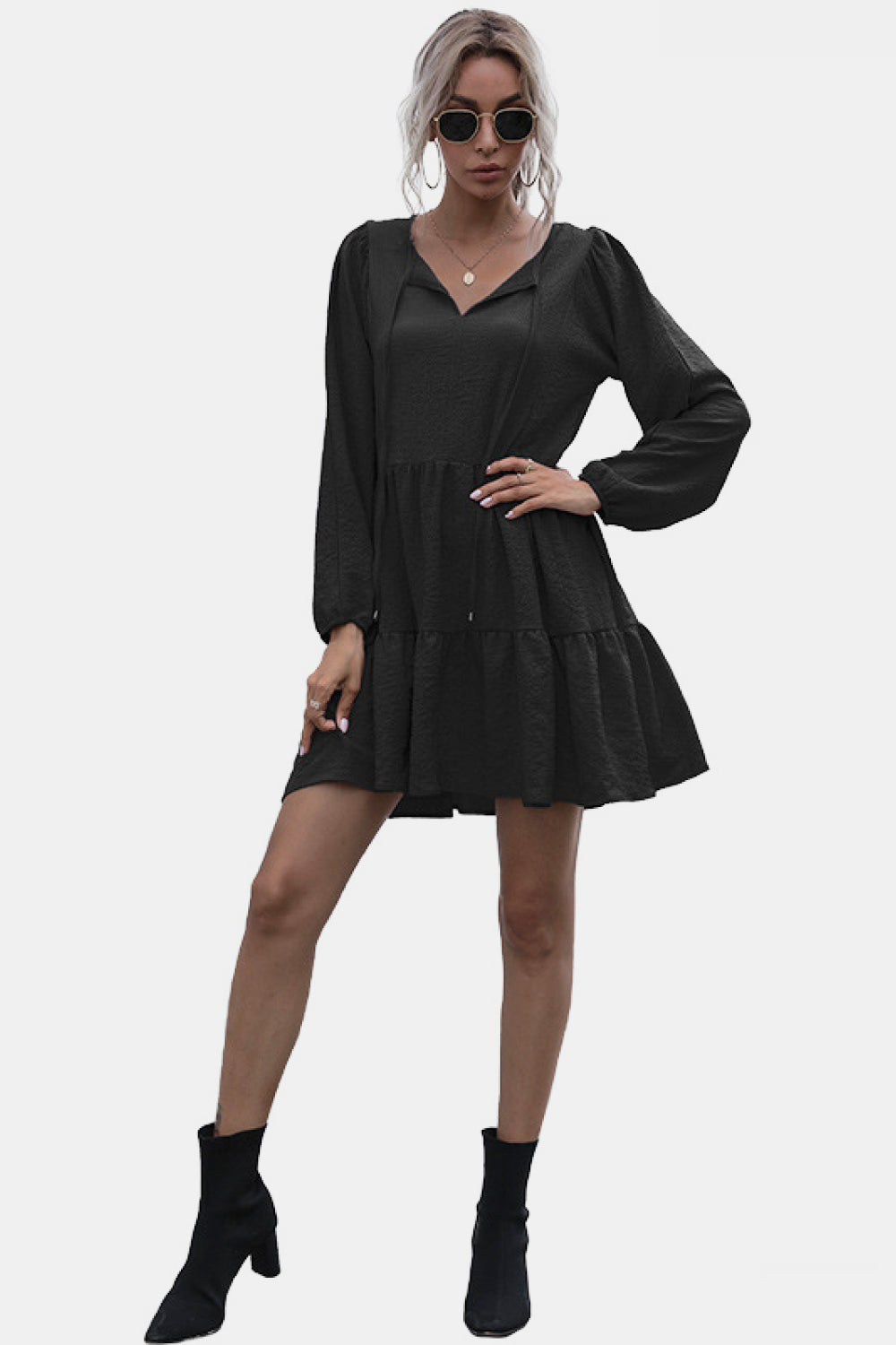 Perfee Tie Neck Ruffle Hem Dress