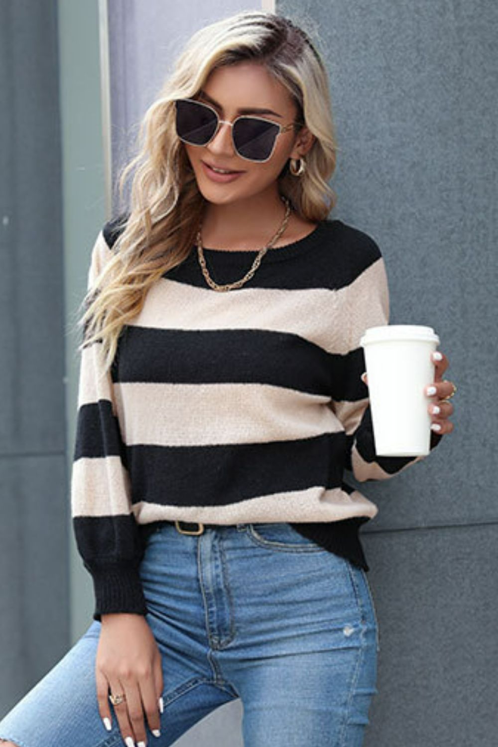 Perfee Horizontal Stripe Raglan Sleeve Sweater