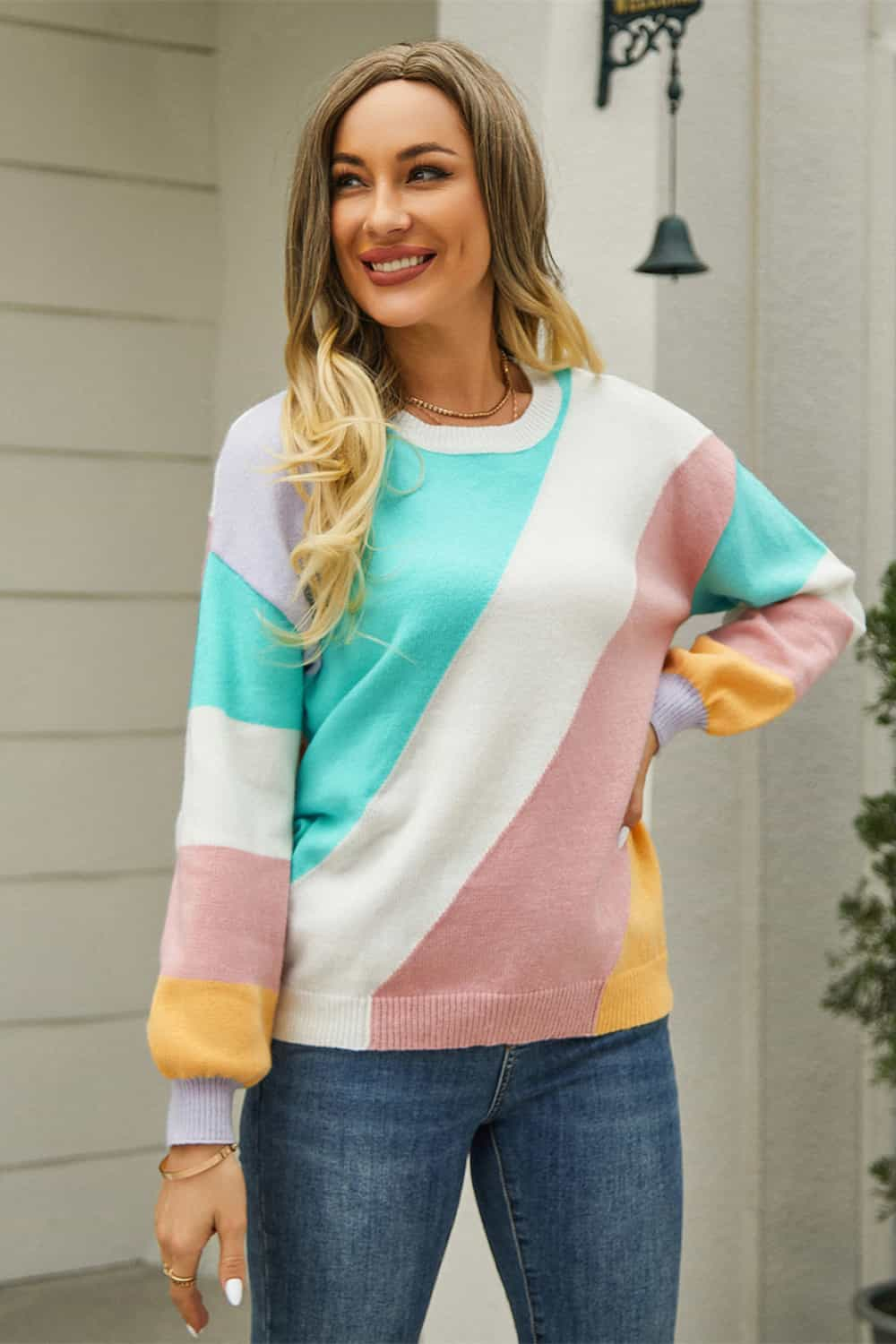 Angel Wings Color Block Round Neck Long Sleeve Sweater