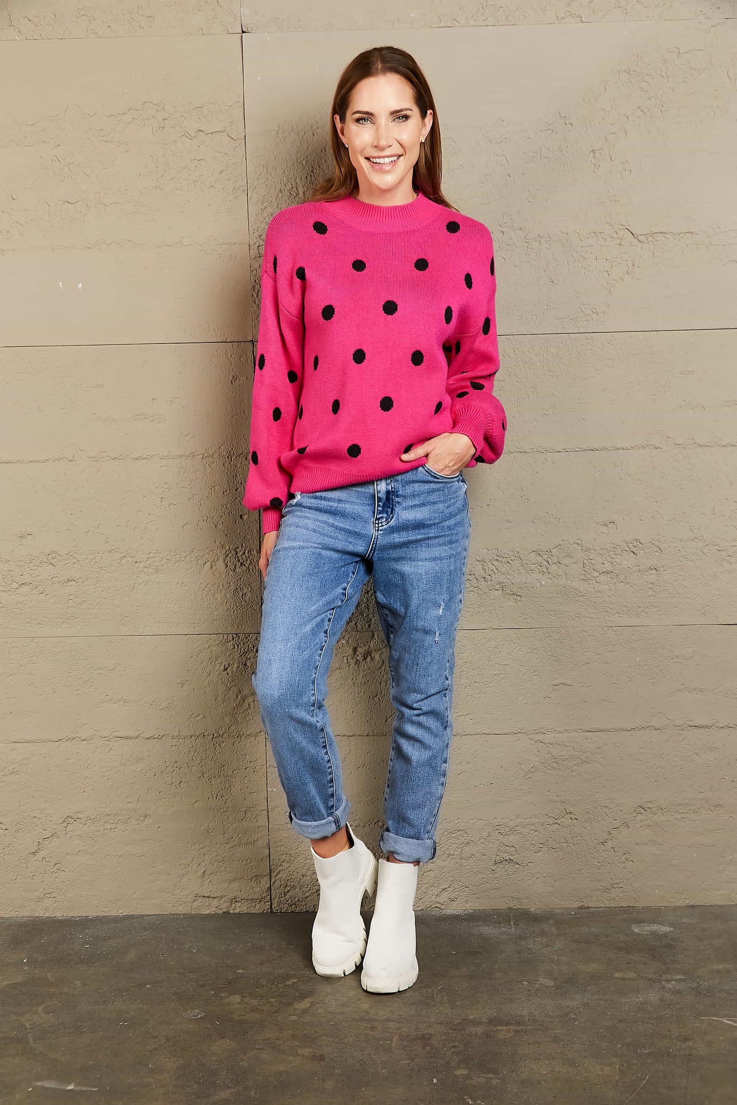 Angel Wings Woven Right Polka Dot Round Neck Dropped Shoulder Sweater