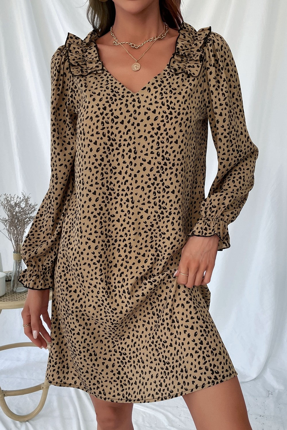 Perfee Leopard Frill Trim V-Neck Dress