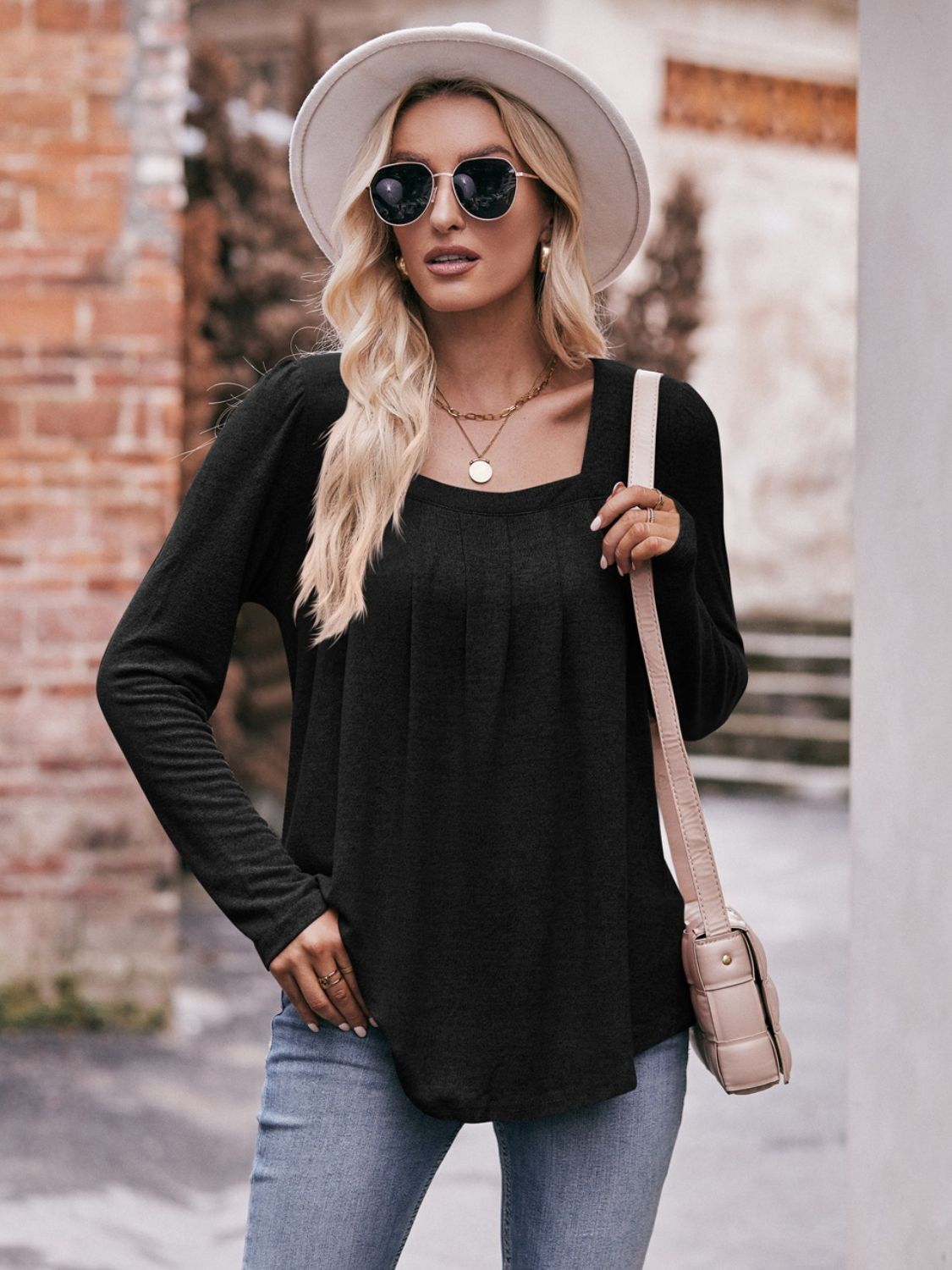 Mandy Pleated Detail Curved Hem Long Sleeve Top