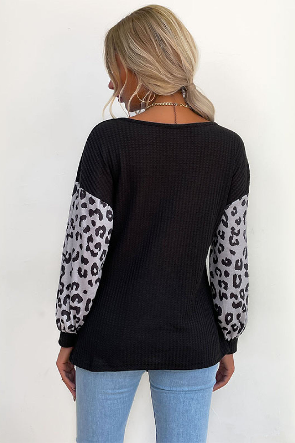 Perfee Leopard Print Sleeve Tie Front Top