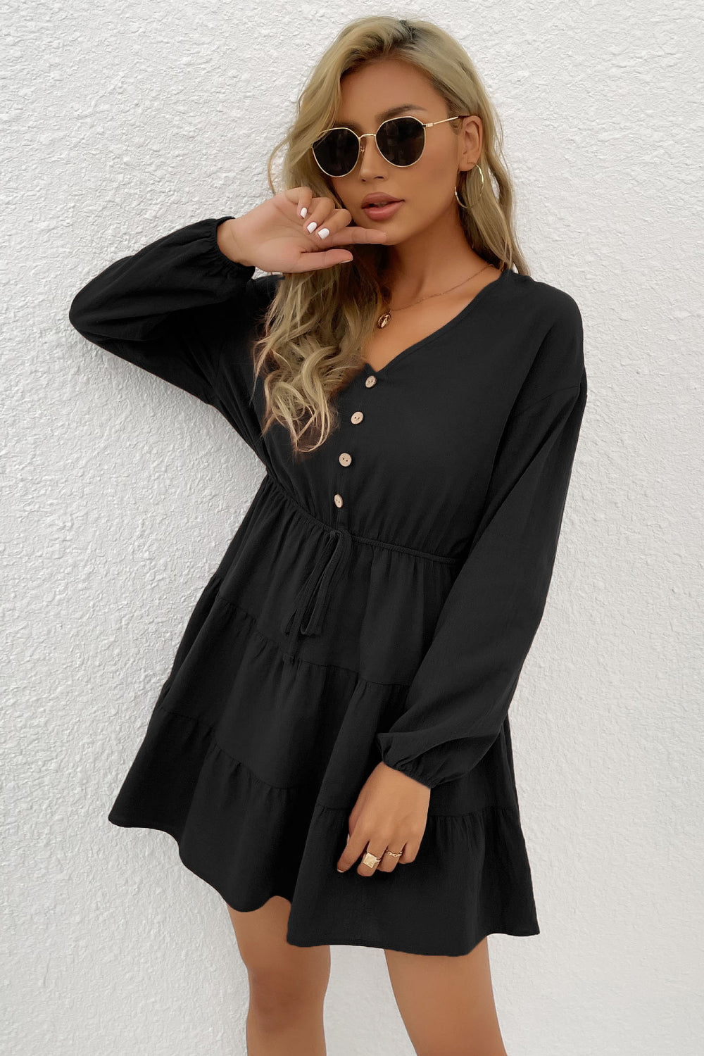 Perfee Decorative Button Tie Front Tiered Mini Dress