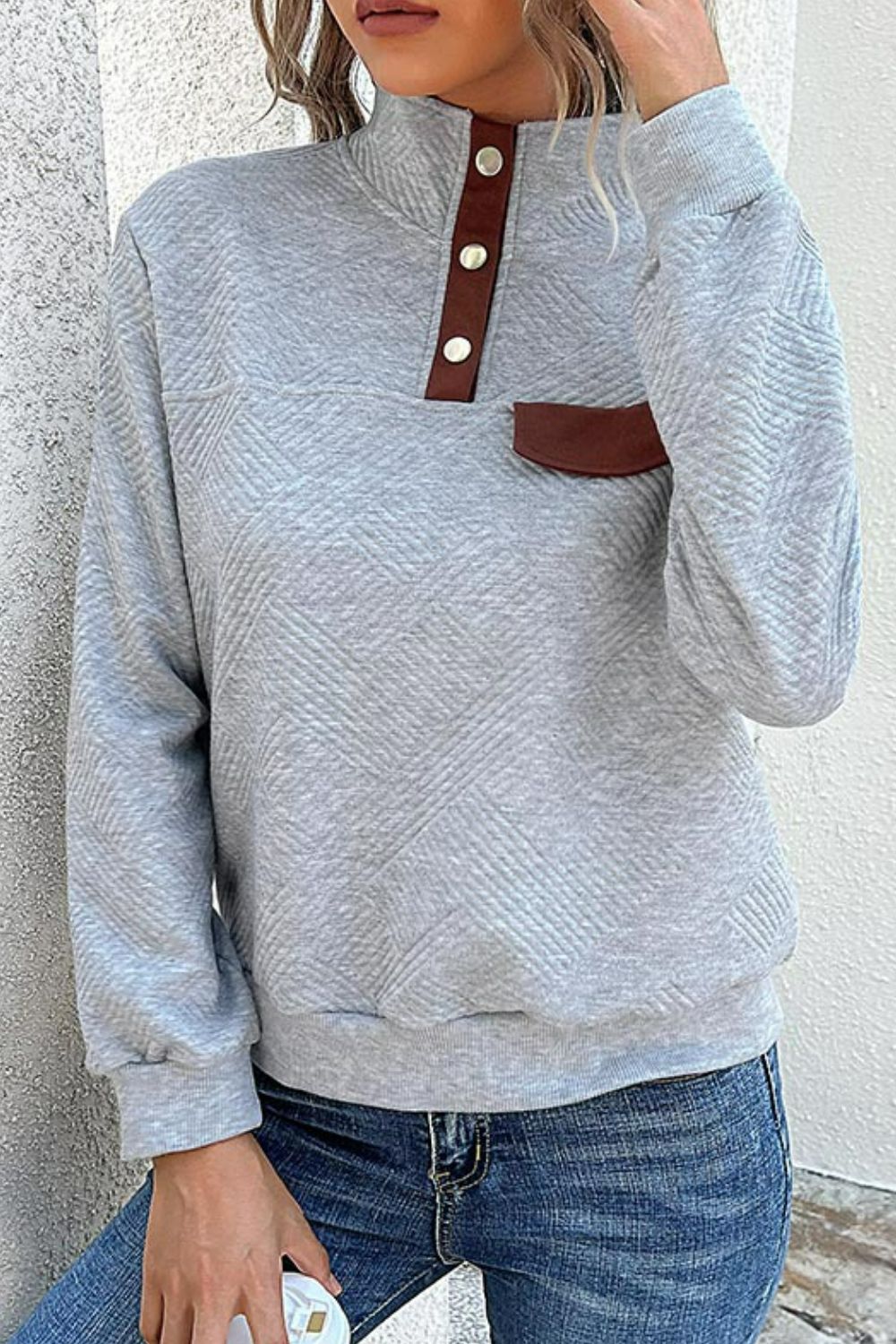 Perfee Contrast Ribbed Quarter-Snap Sweatshirt